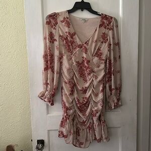 Papaya Boho Pink Floral Long Sleeve Ruched Mini Dress